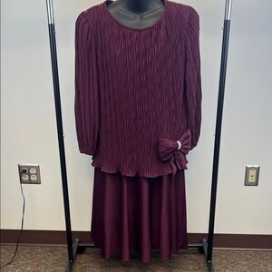 David Rose 80s Burgundy Dress with Shoulder Pads, Pleats and Bow Detail Size 14